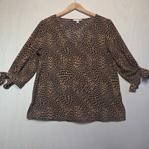 Chaus New York Women's Medium Animal Print V Neck Tie Sleeve Blouse Brown Black